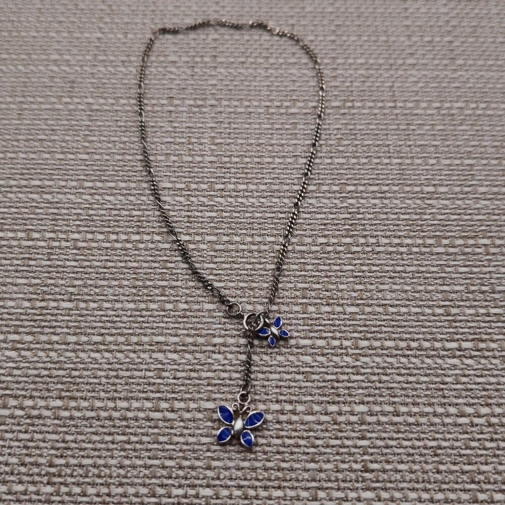10 Inch Sterling Silver Tarnished Blue Butterfly Ankle Bracelet A2508